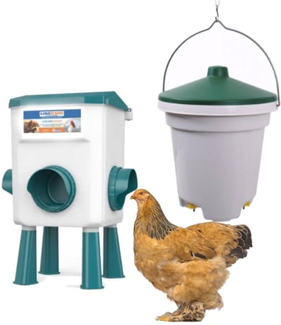 UniEgg® XL Voer- en Drinkset – 12 KG Voerbak + 12 Liter Drinkemmer met Nippels – Compleet automatisch systeem voor pluimvee (Groen) Inclusief verstelbaar ophangsysteem, stevige poten en 3-voudige voedertoegang – duurzaam, diervriendelijk en eenvoudig