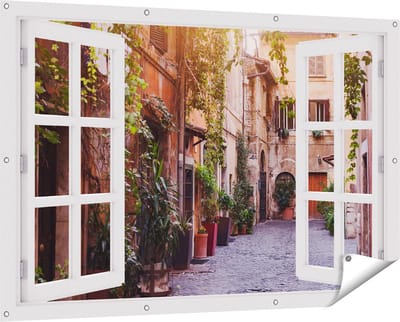 Gards Tuinposter Doorkijk Straatje in Rome met Groene Planten - 150x100 cm - Tuindoek - Tuindecoratie - Wanddecoratie buiten - Tuinschilderij