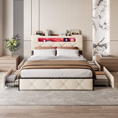 Gestoffeerd bed 160 x 200 cm met ledverlichting en oplaadstation, bedframe met 4 lades voor opbergruimte, slaapkamerbed 160 x 200 cm, lattenbodem, fluwelen stof, beige, zonder matras (verzending in 2 pakketten)