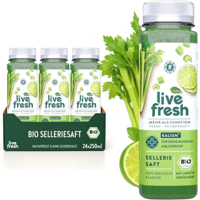 LiveFresh Biologisch selderijsap koudgeperst – 97% selderijsap, 3% limoensap zonder toegevoegde suiker – Groentesap met kalium, calcium en vitamine K – 24x250ml