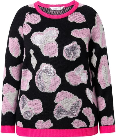 MIAMODA - Dames - Trui pailletten luipaardmotief lange raglanmouwen - Zwart - Maat 42+