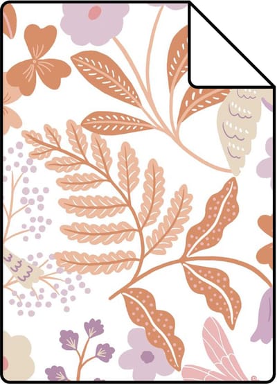 Proefstaal ESTAhome behang bloemen en vogels lila paars en terracotta - 26.5 x 21 cm - 131392-S
