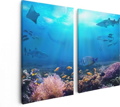 Artaza Canvas Schilderij Tweeluik Vissen met Haaien in de Oceaan met Koraalrif - 80x60 - Foto Op Canvas - Canvas Print