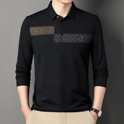 T-shirts met lange mouwen voor heren, dun, nieuwe herfststijl, bedrukte losse T-shirts voor jonge en middelbare mannen, zakelijke heren-T-shirts XXXXL black