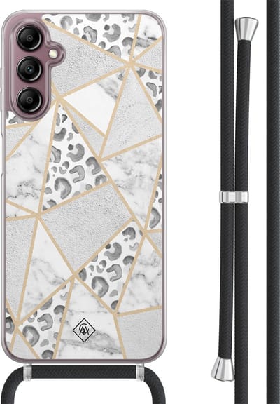 Casimoda® hoesje met koord - Geschikt voor Samsung A14 - Stone & Leopard - Afneembaar koord - TPU/acryl - Grijs