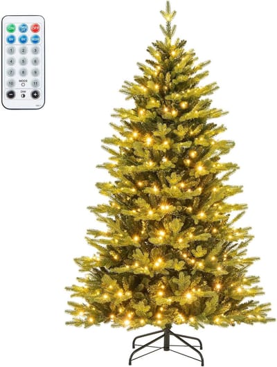 COSTWAY Kunstkerstboom met verlichting, 180 cm dennenboom met 11 verlichtingsmodi, 3 automatische timers, 4-traps helderheid en afstandsbediening, kerstboom, kunstboom voor Kerstmis, groen
