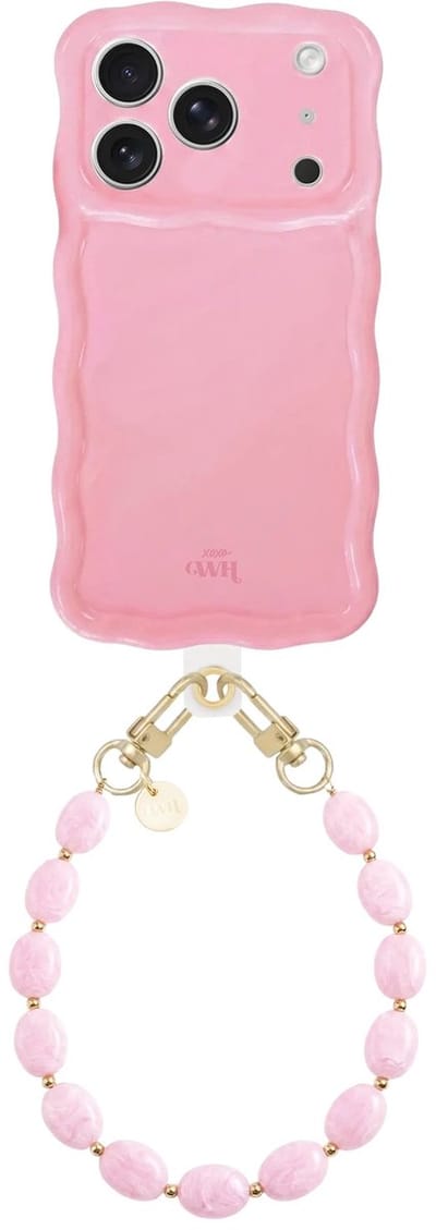 xoxo Wildhearts Glossy Wavy Case Bubble Blush - Ocean Blush (kort koord) - geschikt voor iPhone 17 Pro Max - hoesje met telefoonkoord - afneembaar koord - Kralenketting - kort telefoonkoord - hoesje met golven - Roze