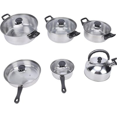 Batterie de Cuisine Acier Inoxydable Ensemble de Casseroles et Poêles de Cuisine avec Bouilloire à Thé Couvercles en Verre pour Cuisiner Frire Bouillir Mijoter gray