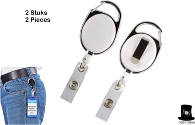 Bob Online ™ - Setje van 2 – Wit - ID JoJo – D-Clip / Intrekbare ID Reel Wit/Zilver – Pashouder met Trekkoord - Set of 2 Pull Badge Reel ID Card Lanyards – Badge Reel Houder – Intrekbare ID-Kaart Roller Clip – Badgehouder trekkoord 68.5 cm – ID Yoyo