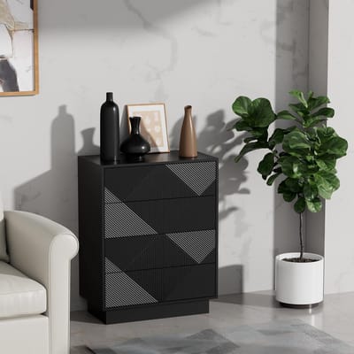 UEV ladekast met 4 laden, speciaal gegraveerd oppervlak met zijdezachte touch, grote opbergruimte, lade met drukknop, voor woonkamer en slaapkamer, 60 x 33,5 x 77,5 cm, zwart