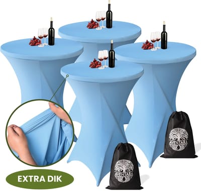 Statafelrok Licht Blauw x 4 – ∅80-85 x 110 cm inclusief Opbergtas – Statafelhoes Stretch Stof – Kras- en Vouwvrije Tafelhoezen Extra Dik – Sta Tafelrok – Statafelhoezen Voor Horeca, Evenementen, Feest, Bruiloft en Partijen