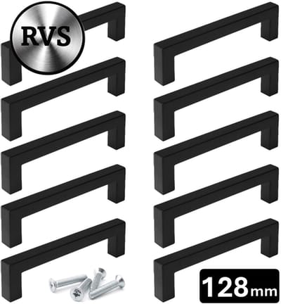 10 X MSQDESIGN Handgrepen RVS zwart - Boormaat 128mm - zwarte Handgreep voor Keuken & Kast - Moderne Meubelgreep - Keukengreep Mat zwart -Kastgrepen- zwarte Greepjes Keuken - zwarte RVS Handvatten - Deurgreepjes -incl schroeven