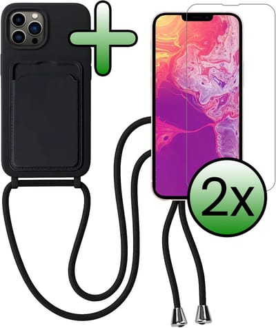 Hoes Geschikt voor iPhone 13 Pro Hoesje Pas Houder Case Hoes Met Koord Met 2x Screenprotector - Hoesje Geschikt voor iPhone 13 Pro Hoes Met Telefoonkoord Pasjeshouder Cover - Zwart
