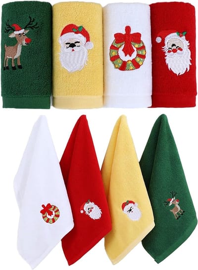 Set van 4 Kersttheedoeken en Badhanddoeken, Geborduurd, Perfect voor Kerstdecoratie, Keukenaccessoires en Cadeaus