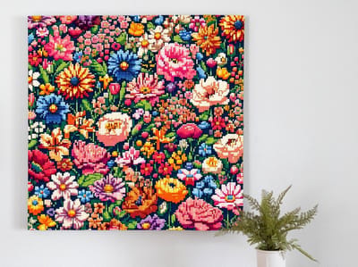 Pixel art bloemen schilderij | Florale pracht in digitale vorm: een bloeiend pixelkunstwerk | Kunst - 100x100 centimeter op Forex | Foto op Forex