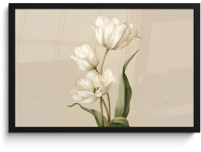 Poster in lijst - Fotolijst 60x40 cm - Posters - Tulpen - Wit - Bladeren - Posterlijst zwart - Decoratie - Wanddecoratie woonkamer - Muurdecoratie slaapkamer