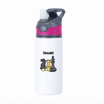 Hacebo® - Schaken met eigen naam waterfles met rietje roze - Schaken - Schaker - Denksport - water fles - 650ML