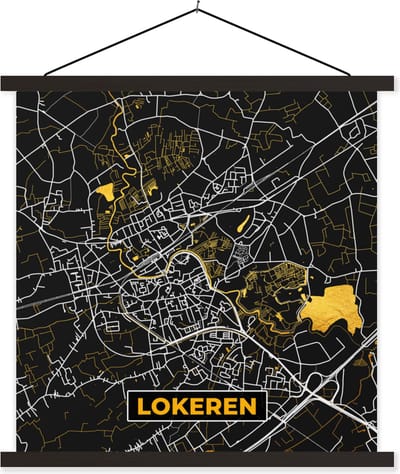 Posterhanger incl. Poster 60x60 cm - Schoolplaat - Goud - Lokeren - Kaart - Plattegrond - Stadskaart - Textielposter - Zwarte latten - Stadskaart
