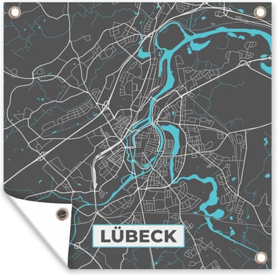 Tuin poster Lübeck – Stadskaart – Blauw – Plattegrond – Stadskaart – Kaart - Duitsland - 200x200 cm - Tuindoek