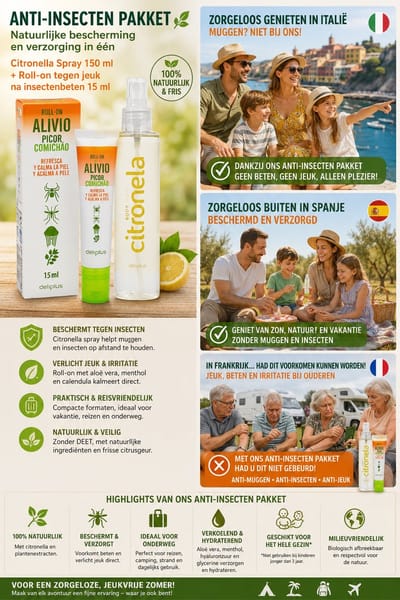 ANTI-INSECTEN PAKKET _NATUURLIJKE CITRONELLA SPRAY 150 ML + ROLL-ON TEGEN JEUK NA INSECTENBETEN EN MUGGEN,COMPLETE BESCHERMING EN VERZORGING VOOR ZOMER, REIZEN EN OUTDOOR GEBRUIK
