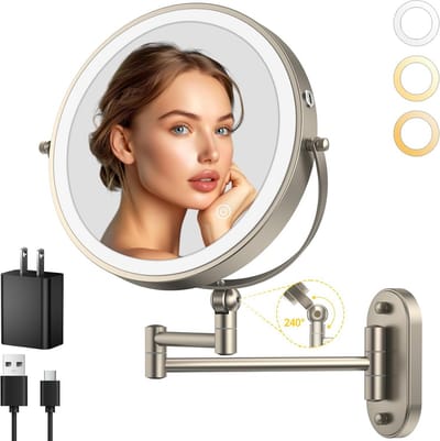 9 Inch Wandgemonteerde Verlichte Make-up Spiegel met 1X/10X Vergroting