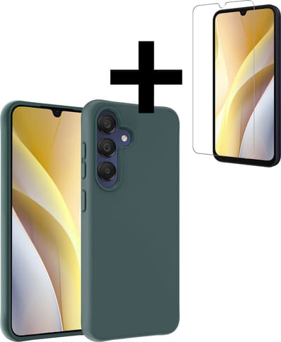 Hoesje - Met Screenprotector - Geschikt voor Samsung Galaxy A15 - Sterk & Shockproof - Back Cover - Siliconen Case - Telefoon Hoes - Telefoonhoesjes - Donkergroen
