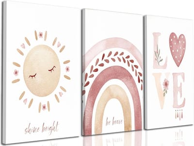 3x Ingelijste Kinderkamer Kunst Canvas: Roze Zon, Regenboog & Hartjes Posters voor Meisjes en Peuters