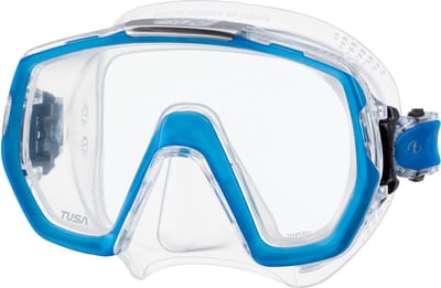 TUSA Freedom Elite – Premium snorkelmasker & duikbril met single lens, breed gezichtsveld en Freedom Technology – Transparant/ Blue – M1003 FB