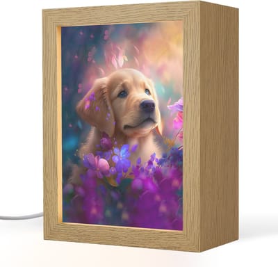Nachtlampje 15x20 cm - Kinder lampje - Hond - Puppy - Zon - Bloemen - Golden retriever - Tafellamp kinderkamer - Slaapkamer lamp - Bedlamp kinderen - Kinderlampje stopcontact - Wandlamp babykamer - Nachtlampjes