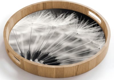 Dienblad rond 40x40 cm - Schootdienblad hout - Paardenbloem - Zwart - Wit - Borrelplank rechthoek - Plateau houten dienbladen