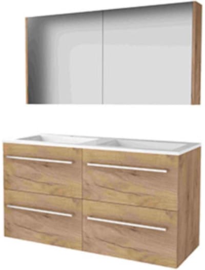 Basic-Line Comfort 46 Badkamermeubelset - 120 x 46 cm - Met Grepen - 4 Lades - Acryl Wastafel - 2 Kraangaten - Spiegelkast - Whisky Oak