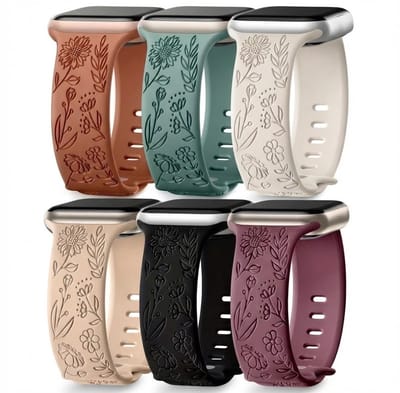 Gemengde kleur horlogebandjes 42mm (serie 1 / 2 / 3) / 44 mm / 45 mm / 46 mm (serie 10 / 11) / 49 mm (Ultra / Ultra 2) geschikt voor Apple Watch dames met bloemen gravure, siliconen smartwatch bandjes set van 6 vervangende horloge bandjes met gesp