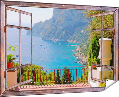 Gards Tuinposter Doorkijk Vergezicht vanaf het Terras op Bergen - 180x120 cm - Tuindoek - Tuindecoratie - Wanddecoratie buiten - Tuinschilderij