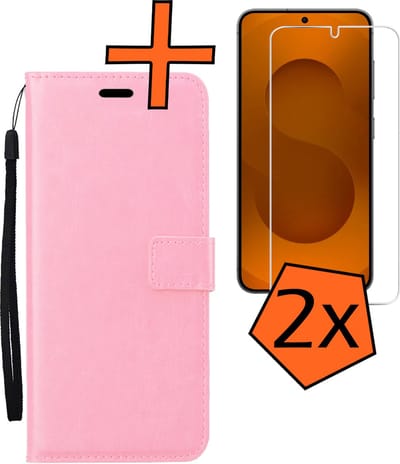 Hoes - Met 2x Screenprotector - Geschikt voor Samsung Galaxy S25 - Luxe Pasjeshouder - Bookcase Portemonee - Flip Case - Kunstleer Book Case - Flipcase Hoes - Book Cover - Walletcase - PortemonneeHoes - Lichtroze