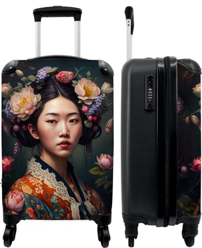 NoBoringSuitcases.com® - Handbagage koffer lichtgewicht - Reiskoffer trolley - Vrouw - Bloemen - Kimono - Portret - Asian - Reis rolkoffer met wieltjes - Carry on reistrolley op wielen - Luggage suitcase - 55x40x20 en 55x35x25 - Bagage 55 cm
