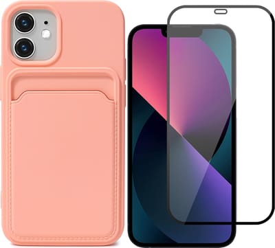 Hoesje Pasjeshouder geschikt voor iPhone 12 / iPhone 12 Pro Roze - Siliconen Case Back Cover + Full Screen Protector Glas Screenprotector
