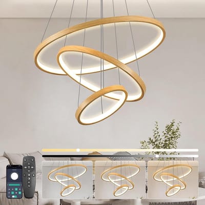 LED Hanglamp Ringen - Moderne Plafondlamp - Eettafel Verlichten - In Hoogte Verstelbaar - 50cm 35cm 20cm - Houtnerf