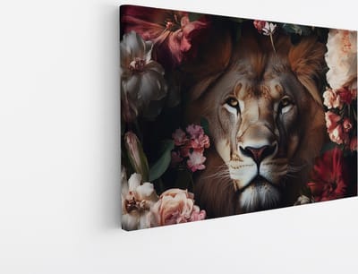Saammp Canvas Schilderij - Leeuw - Bloemen - Roze - Natuur - Landschap - 45x30 - Foto op canvas - Wanddecoratie - Muurdecoratie Woonkamer - Slaapkamer decoratie - Canvas Print