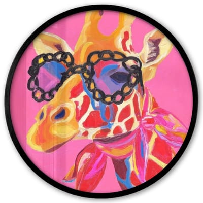 Poster in lijst Rond - Fotolijst 40x40 cm - Posters - Giraf - Roze - Bril - Sjaal - Ronde posterlijst zwart - Decoratie - Wanddecoratie woonkamer - Muurdecoratie slaapkamer