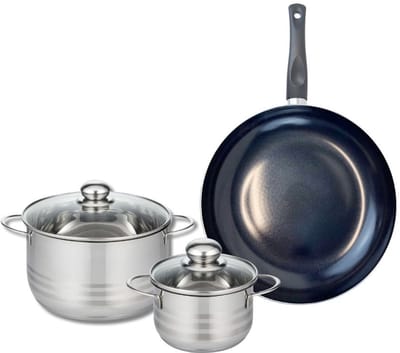 Set van 1 Koekenpan 28 cm en 2 kookpotten 14 en 20 cm Elo Prima Glanzend
