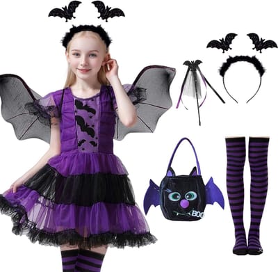 Halloween Kostuum voor Kinderen - Paars Tutu Jurk met Vleugels, Hoofdband en Toverstaf voor Carnaval en Cosplay Feestjes