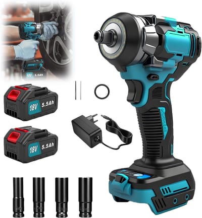18V Accu Slagmoersleutel met 2 Lithium Accu's 5,5Ah, EU Oplader + 4 Doppen 14/17/19/21mm, LED Verlichting voor Auto, Garage en Montageklussen