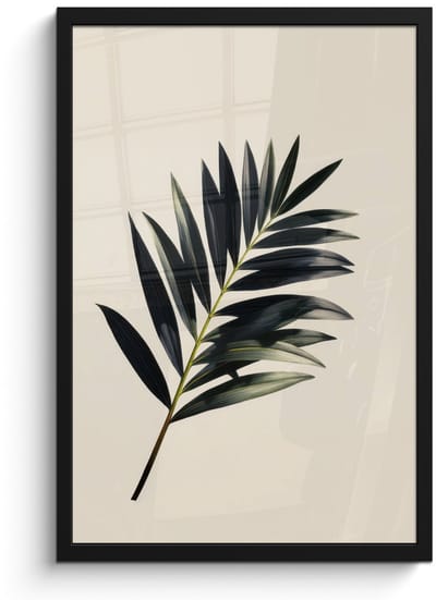 Poster in lijst - Fotolijst 40x60 cm - Posters - Palmblad - Subtiel - Groen - beige - Posterlijst zwart - Decoratie - Wanddecoratie woonkamer - Muurdecoratie slaapkamer
