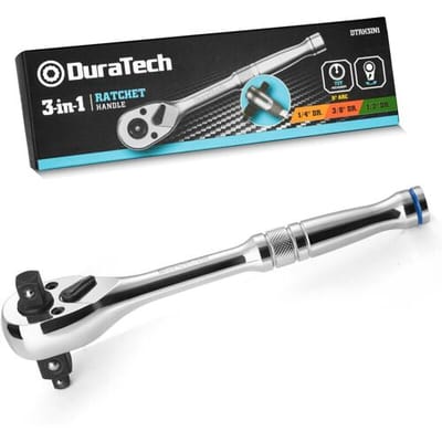 DURATECH 3-in-1 omkeerbare ratelgreep 180 mm, 1/4", 3/8", 1/2" aanslag ratelmoersleutel, 72-tandige socket sleutel van gelegeerd staal voor
