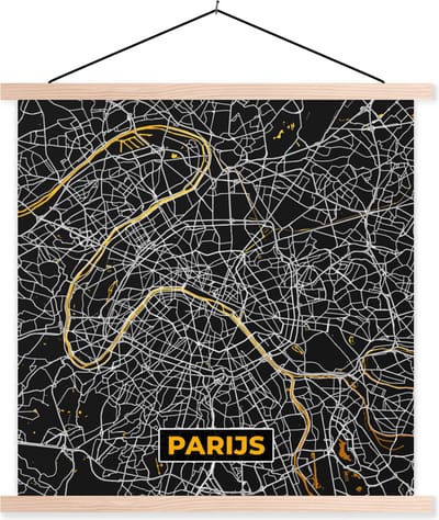 Posterhanger incl. Poster 40x40 cm - Schoolplaat - Kaart - Parijs - Stadskaart - Goud - Plattegrond - Textielposter - Blanke latten - Stadskaart