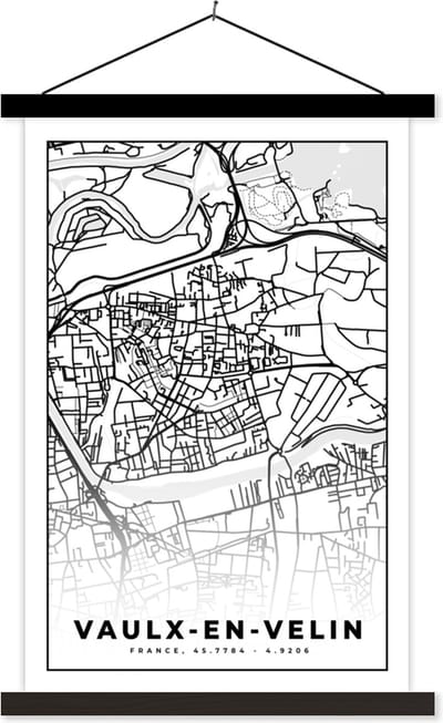 Posterhanger incl. Poster 40x60 cm - Schoolplaat - Kaart - Stadskaart - Frankrijk - Vaulx-en-Velin - Plattegrond - Zwart wit - Textielposter - Zwarte latten - Stadskaart