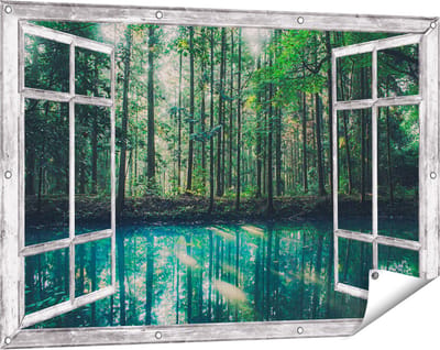 Gards Tuinposter Doorkijk Bos bij een Groen Meer - 120x80 cm - Tuindoek - Tuindecoratie - Wanddecoratie buiten - Tuinschilderij