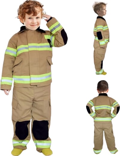 Joya Kids® Brandweer kostuum kind Bruin Geel | Brandweerpak kinderen | Carnavalskleding | Carnaval kostuum | Jongen | Maat XS | 3 tot 4 jaar