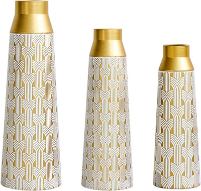 3-delige Vaas - Vloervaas - Decorvaas - Bloemenvaas - Een set van drie, met de volgende hoogteafmetingen:42/51/60.5cm modern geometrisch patroon - Metaal - Geschikt voor woonkamer, eetkamer voor stijlvolle binneninrichting - Goudkleurig