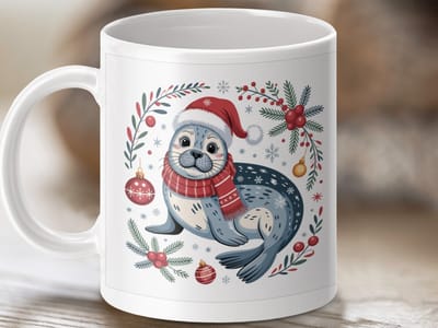 Mok Kerst zeehond, feestelijke mok, winter mok, schattige mok, cadeau mok, kerst cadeau, Kerstmis decoratie, unieke mokken, winter decoratie